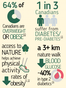 Infographic Demonstrating: (1) 64% of Canadians are overweight or obese, (2) Access to nature can help achieve physical activity, decreasing rates of obesity, (3) one in three Canadians live with diabetes or pre-diabetes, (4) a three plus kilometre nature walk decreased blood glucose levels by around 40% in a group of type 2 diabetics